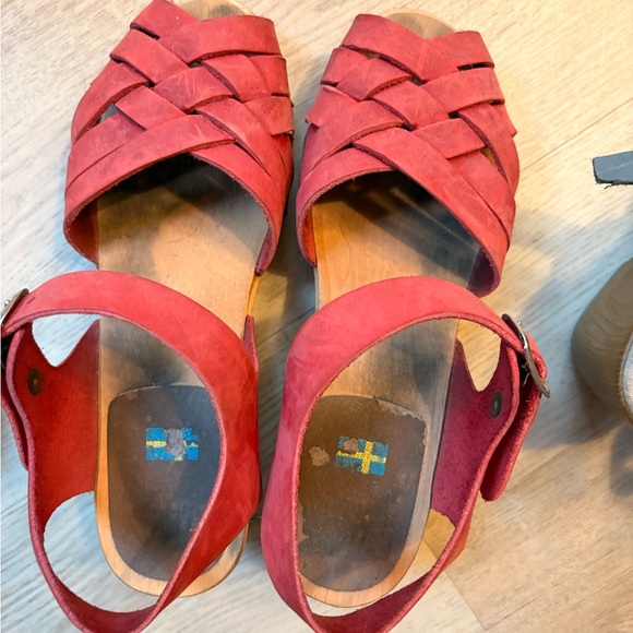 Lotta From Stockholm Shoes - Swedish Red Woven Leather Clog Sandals. Wooden.